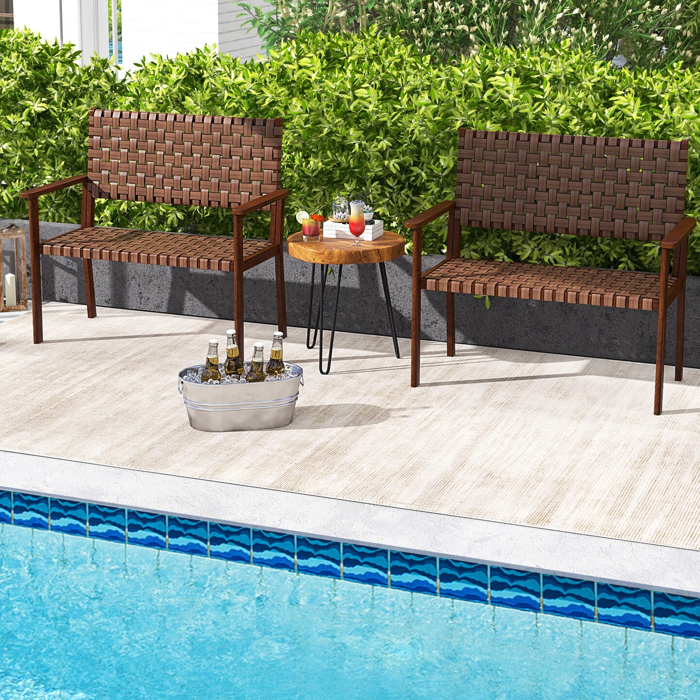 Outdoor All Weather Bench With Solid Rubber Wood Frame And Hand Woven Pu Leather