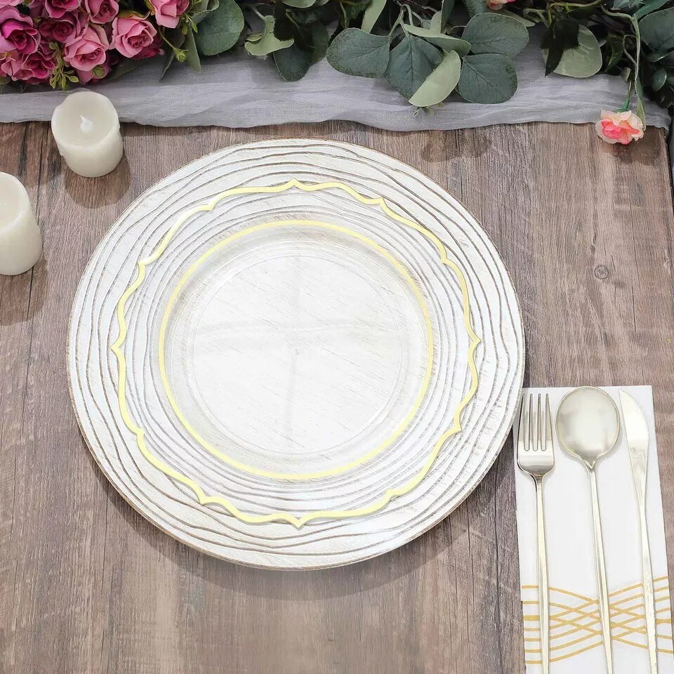 WHITE 6 Round 13&#x22; Rustic Wooden Plastic CHARGER PLATES