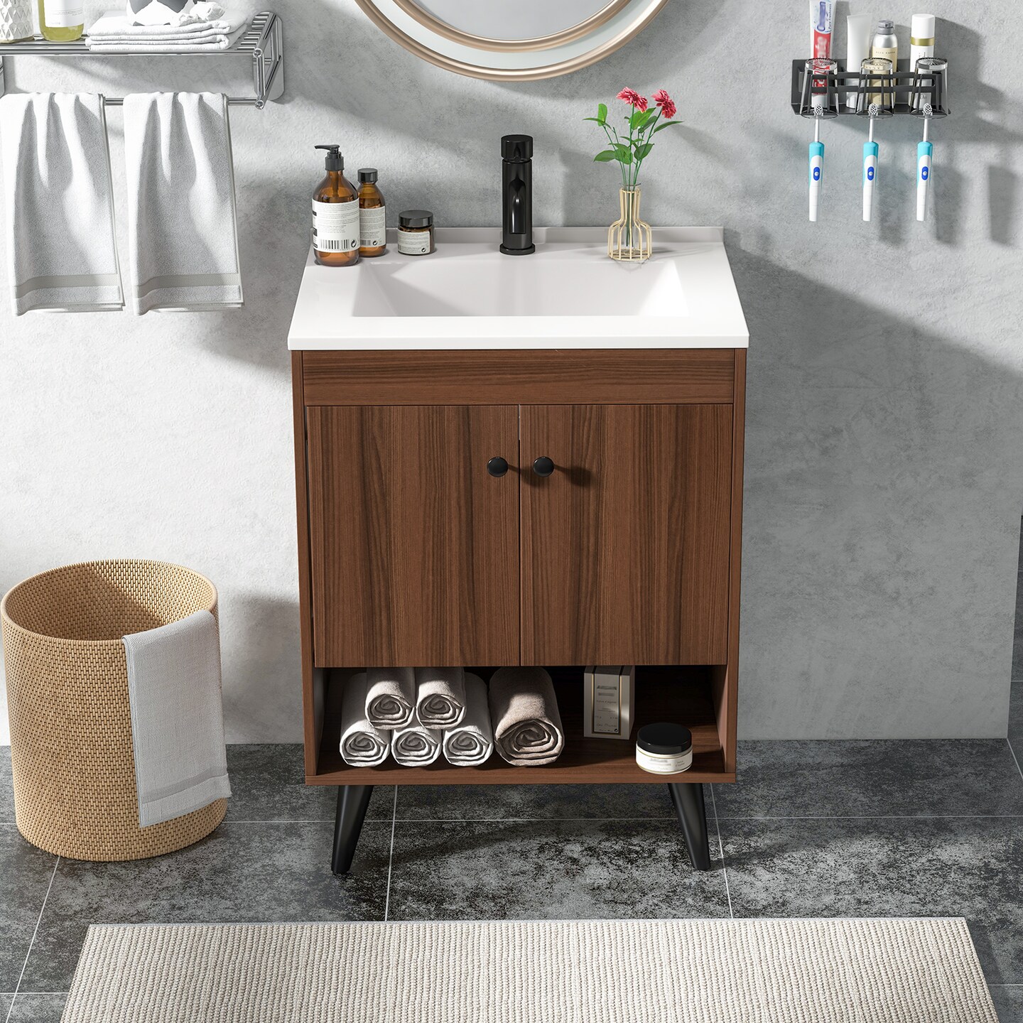 25 Inch Wooden Bathroom Storage Cabinet With Sink-walnut