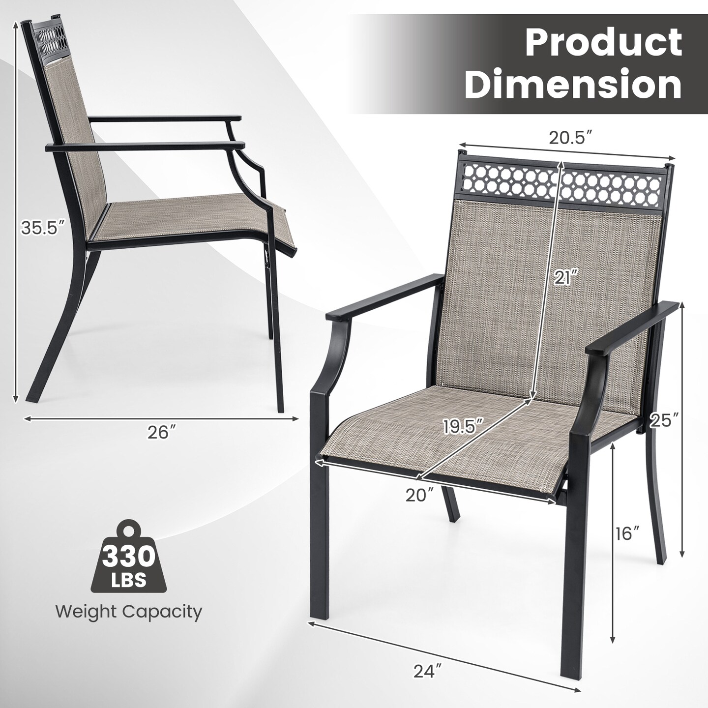 Brown Outdoor Patio Chairs 2-Pack Fabric Seat Metal Frame Weather-Resistant