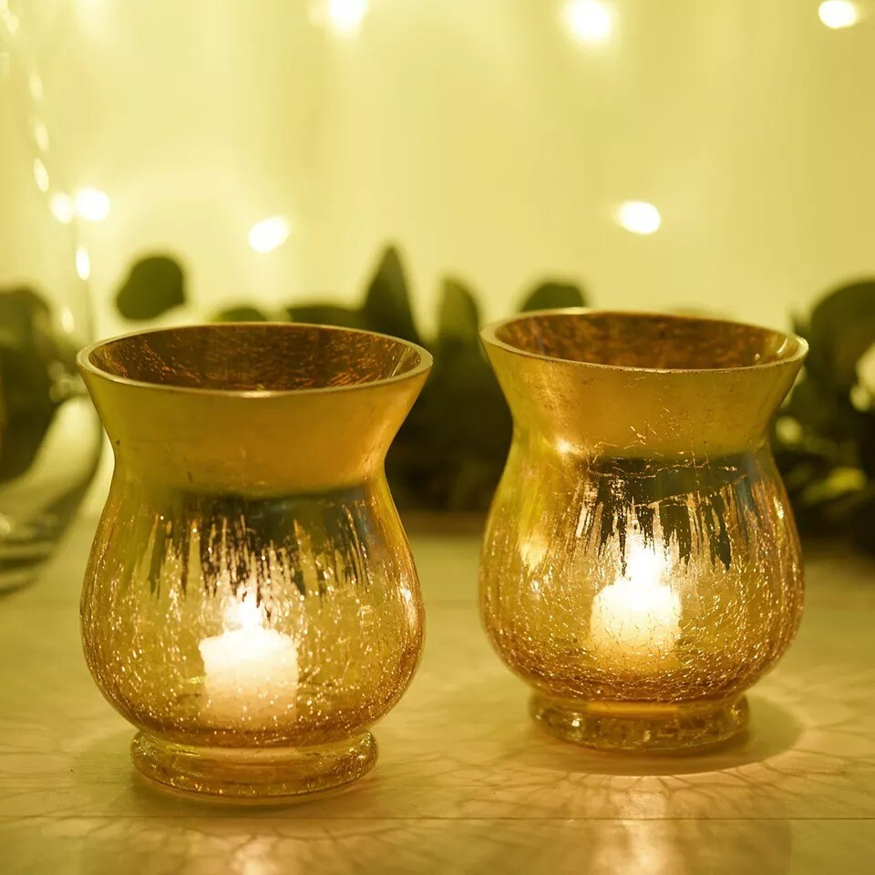 4 GOLD 6&#x22; tall Crackle Glass Candle Holders Vases