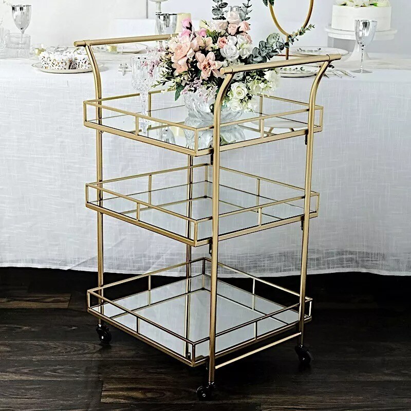 GOLD 3ft tall 3-Tier Rectangular Metal Bar Cart Mirror Glass Serving Trays