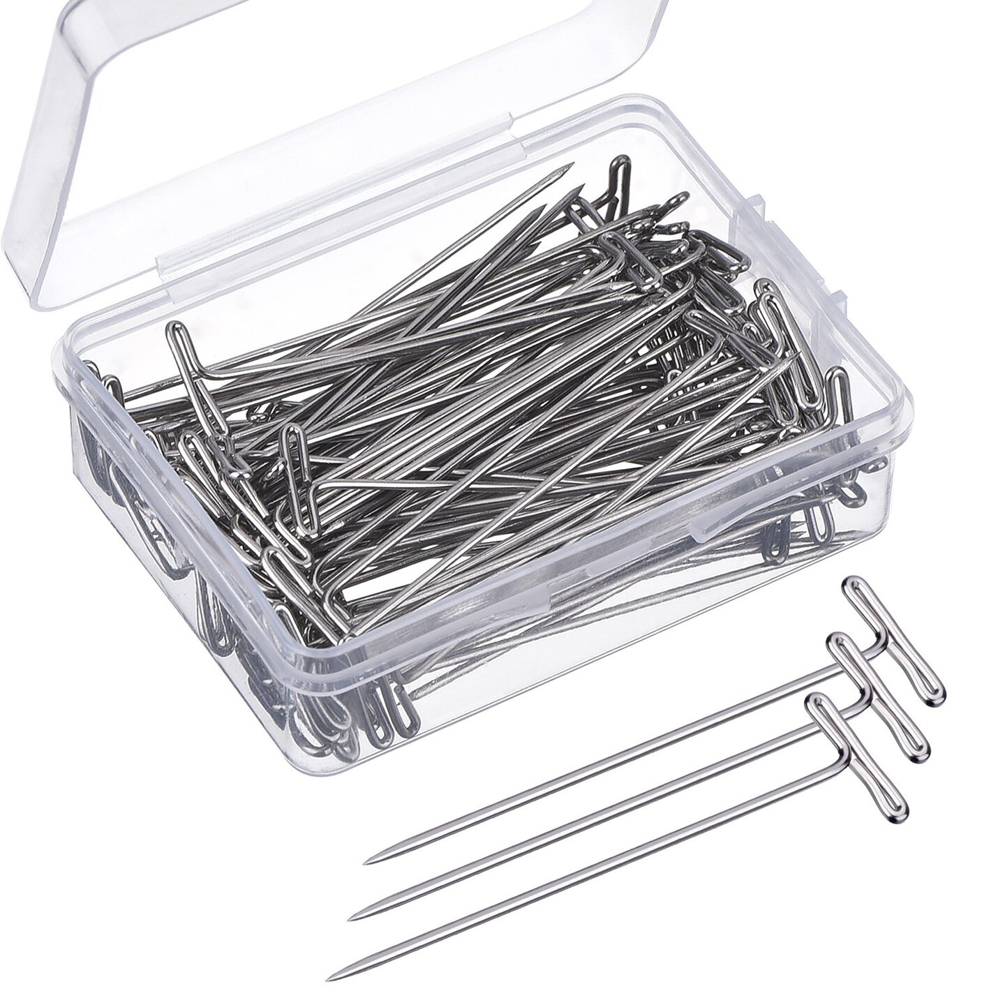 100 Pack Wig T-Pins 2 Inch with Plastic Box, Silver