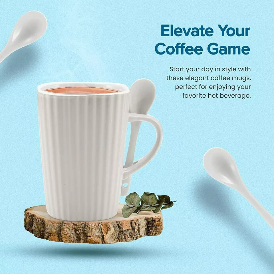 American Atelier Mug and Spoon Set, 14 Oz, Large Ceramic Coffee, Set of 4