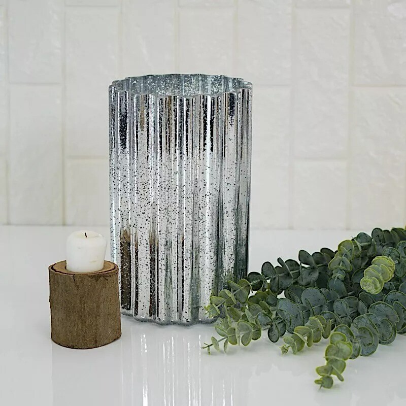 SILVER 9&#x22; Wavy Design Mercury GLASS Hurricane CANDLE HOLDER