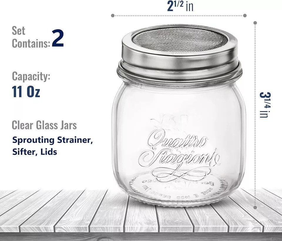 Bormioli Rocco Quattro Stagioni Set Of 2 Mason Jars, Mesh Lid, 11 Oz.