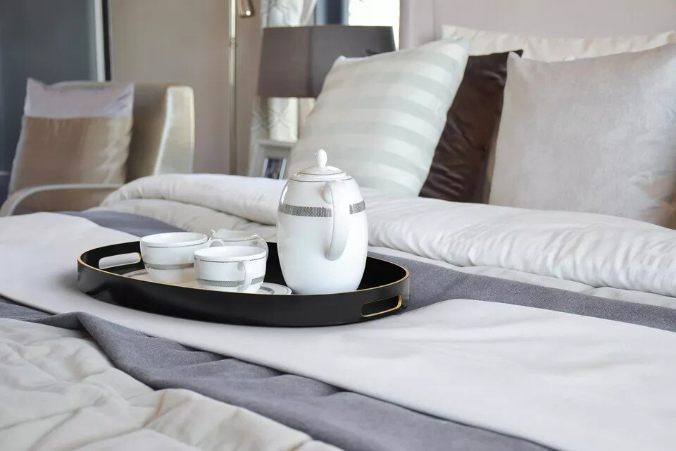 Serving Oval Tray with Gold Trimming &#x26; Handles, Black