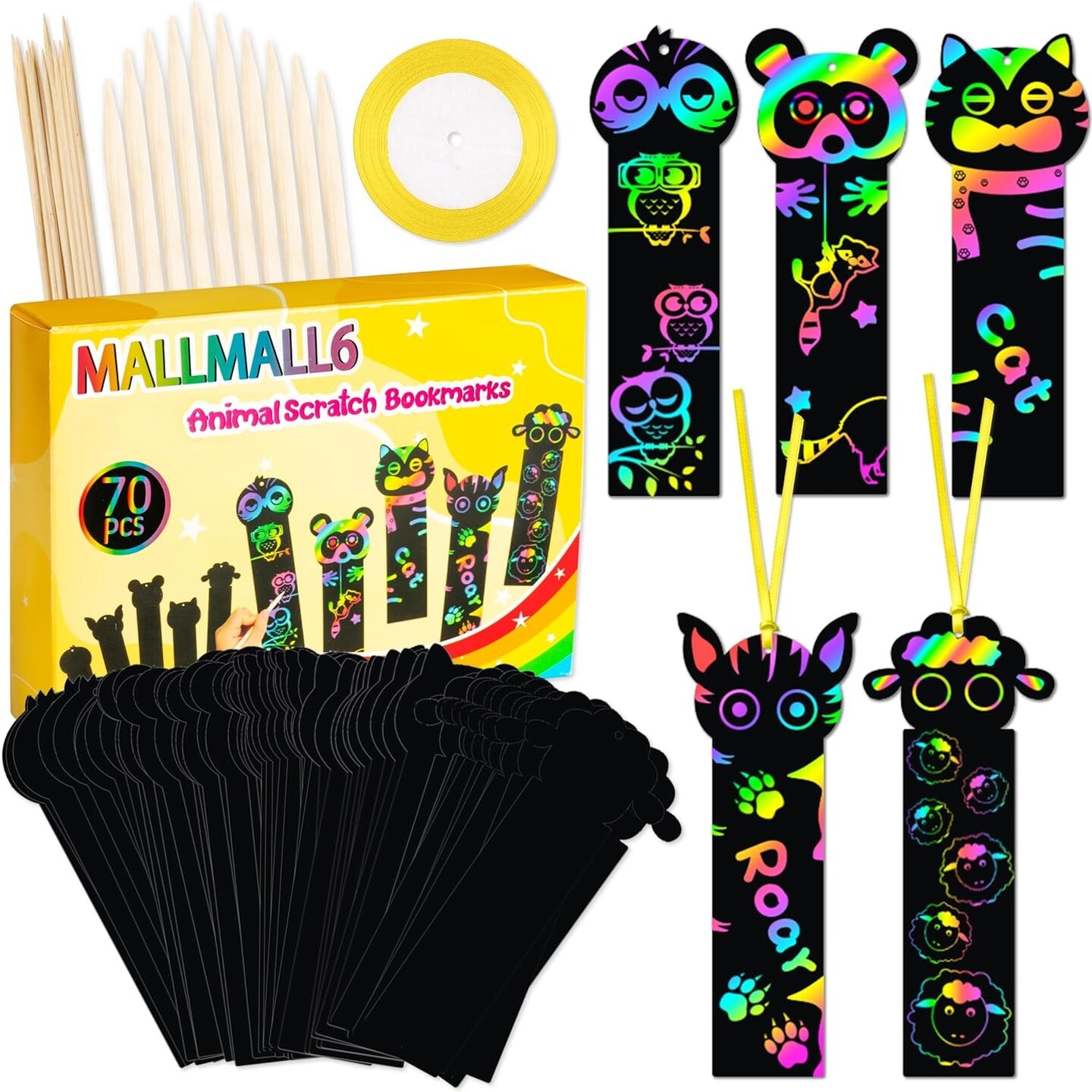 70Pcs Animal Scratch Bookmarks Scratch DIY Hang Tags Party Favors Theme Birthday Party Classroom School Supplies Decorations Crafts Kit for Kids