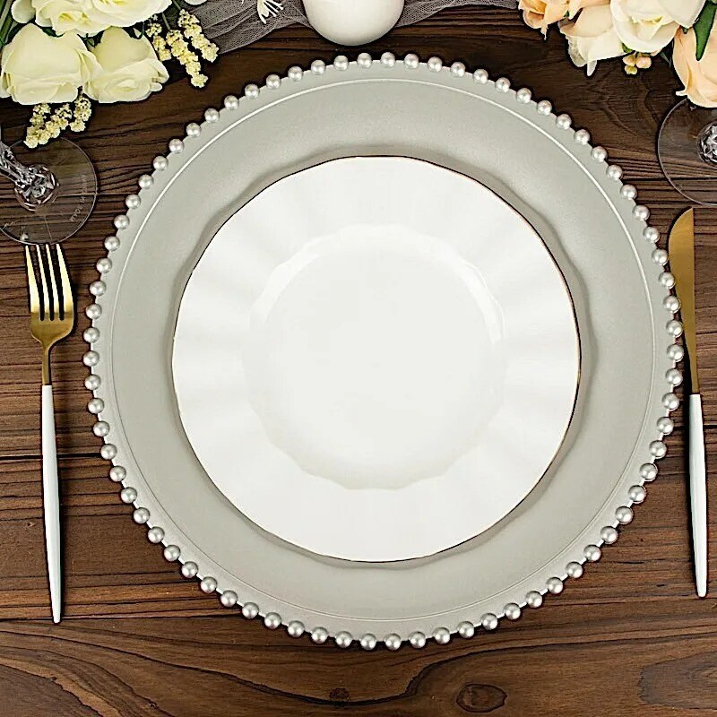 24 Silver 12&#x22; Round Beaded Rim Charger Plates