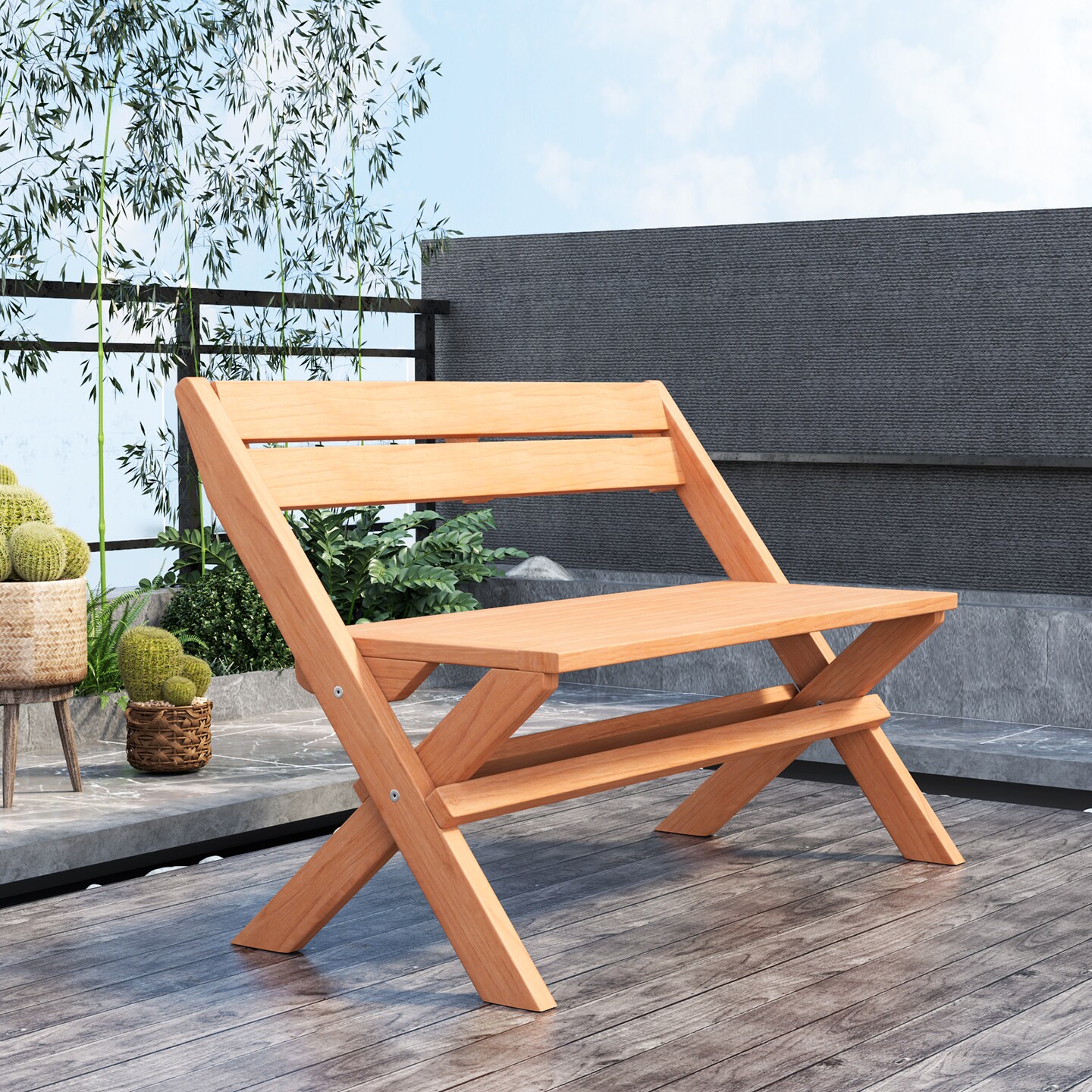 2-person Teak Wood Folding Outdoor Benches With Slatted Seat