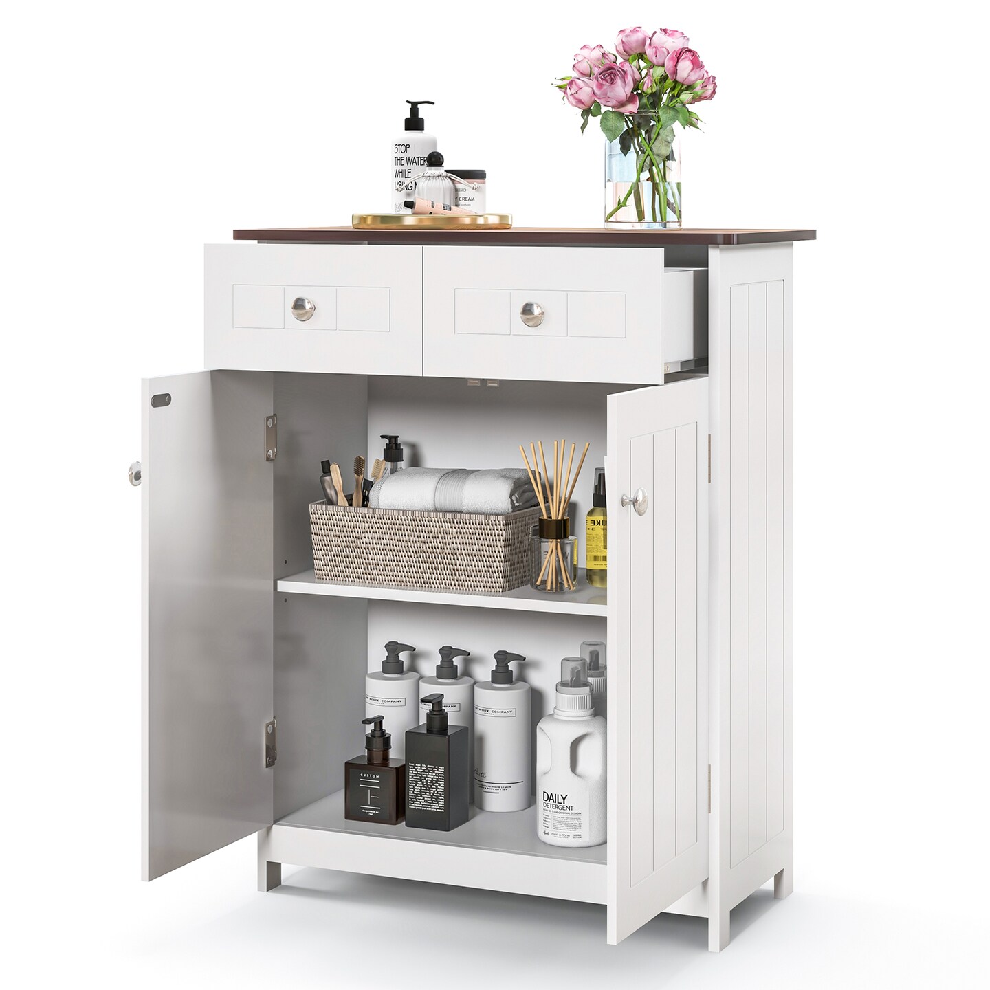 Freestanding Bathroom Floor Cabinet Storage Organizer With 2 Drawers-white