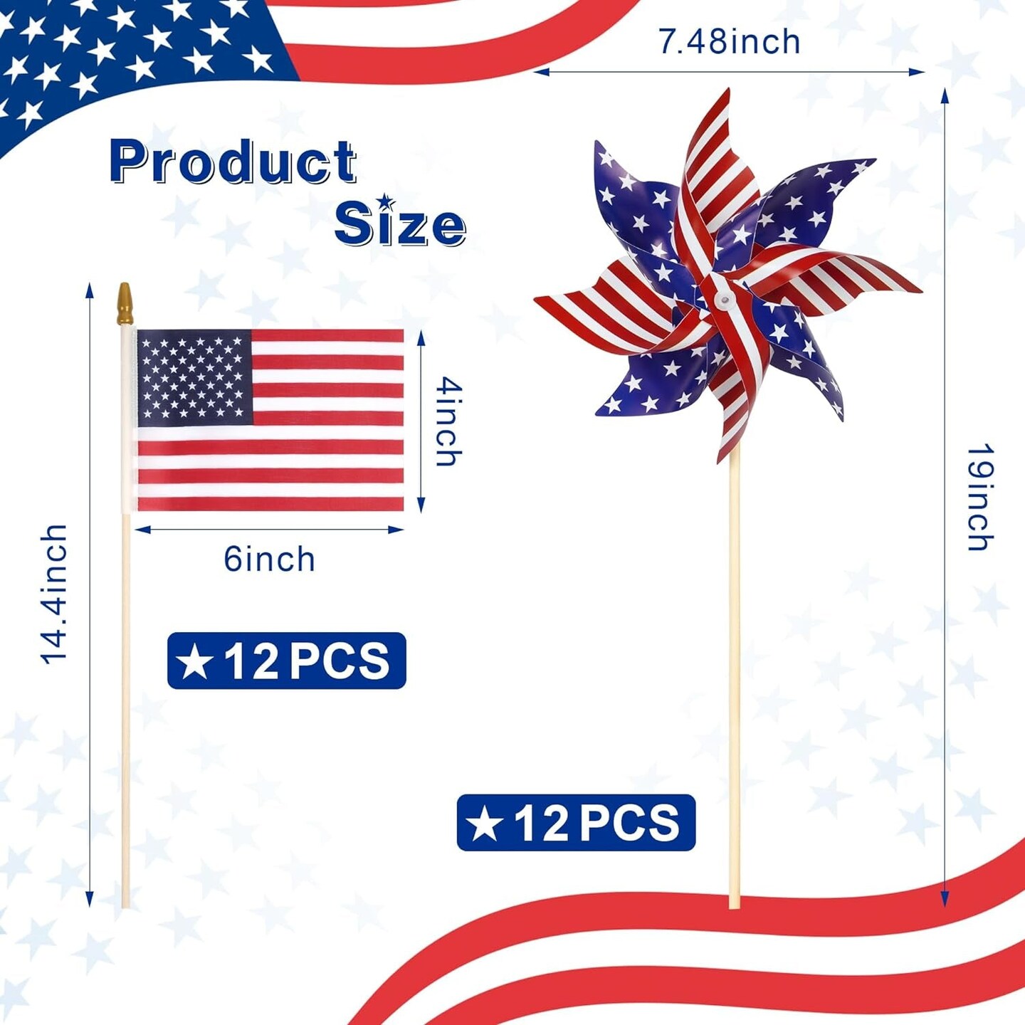 4Th of July Decorations American Flag Patriotic Pinwheels, 24 Pack Fourth of July Outdoor Decor Small Flags on Sticks with Yard Pinwheels,Red White and Blue Decor for Patriotic Party Supplies