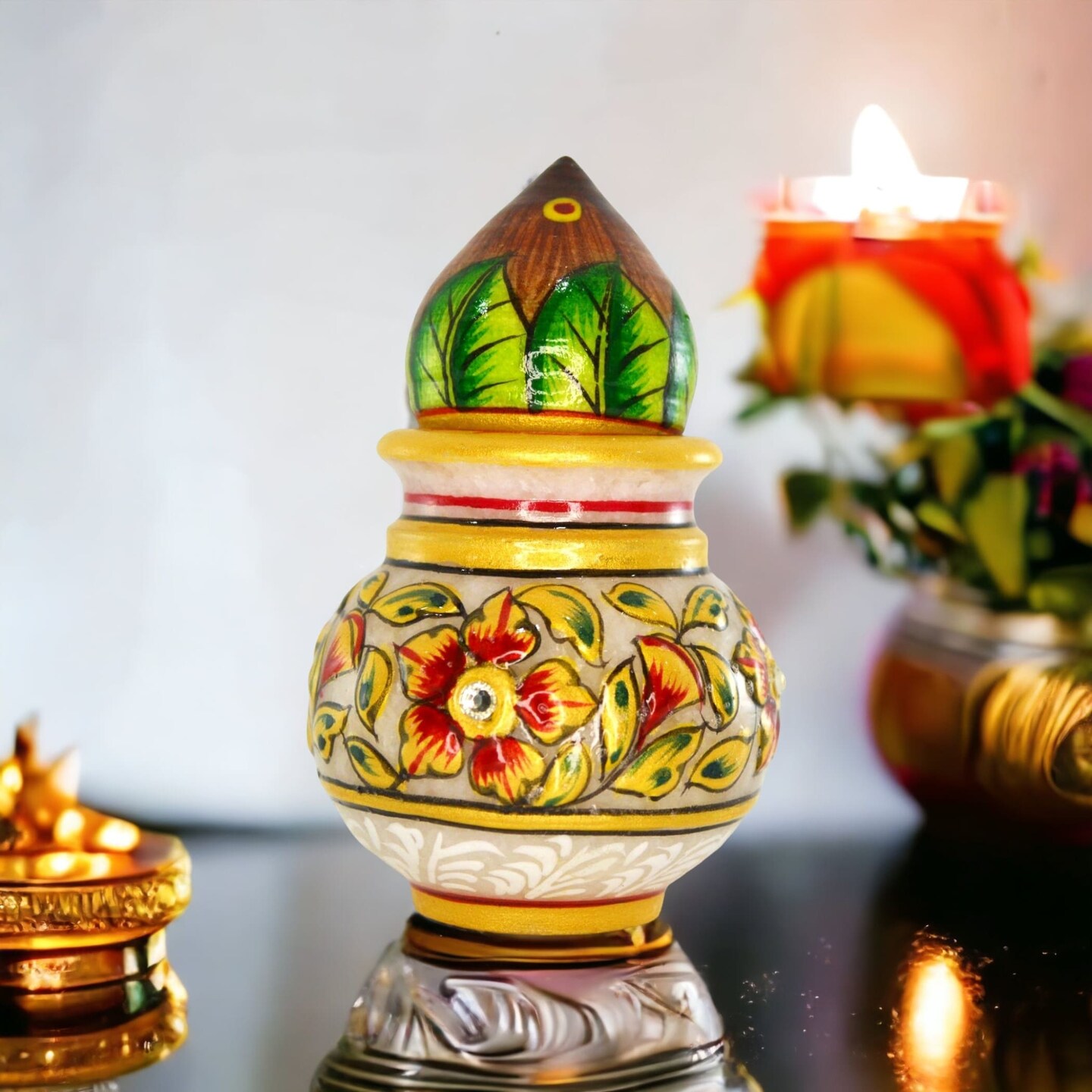 White Marble Kalash Indian Mangal Kalash Decorated Coconut for Wedding Shagun Decorative Nariyal for Wedding Pooja Indian Festival Housewarming Gifts