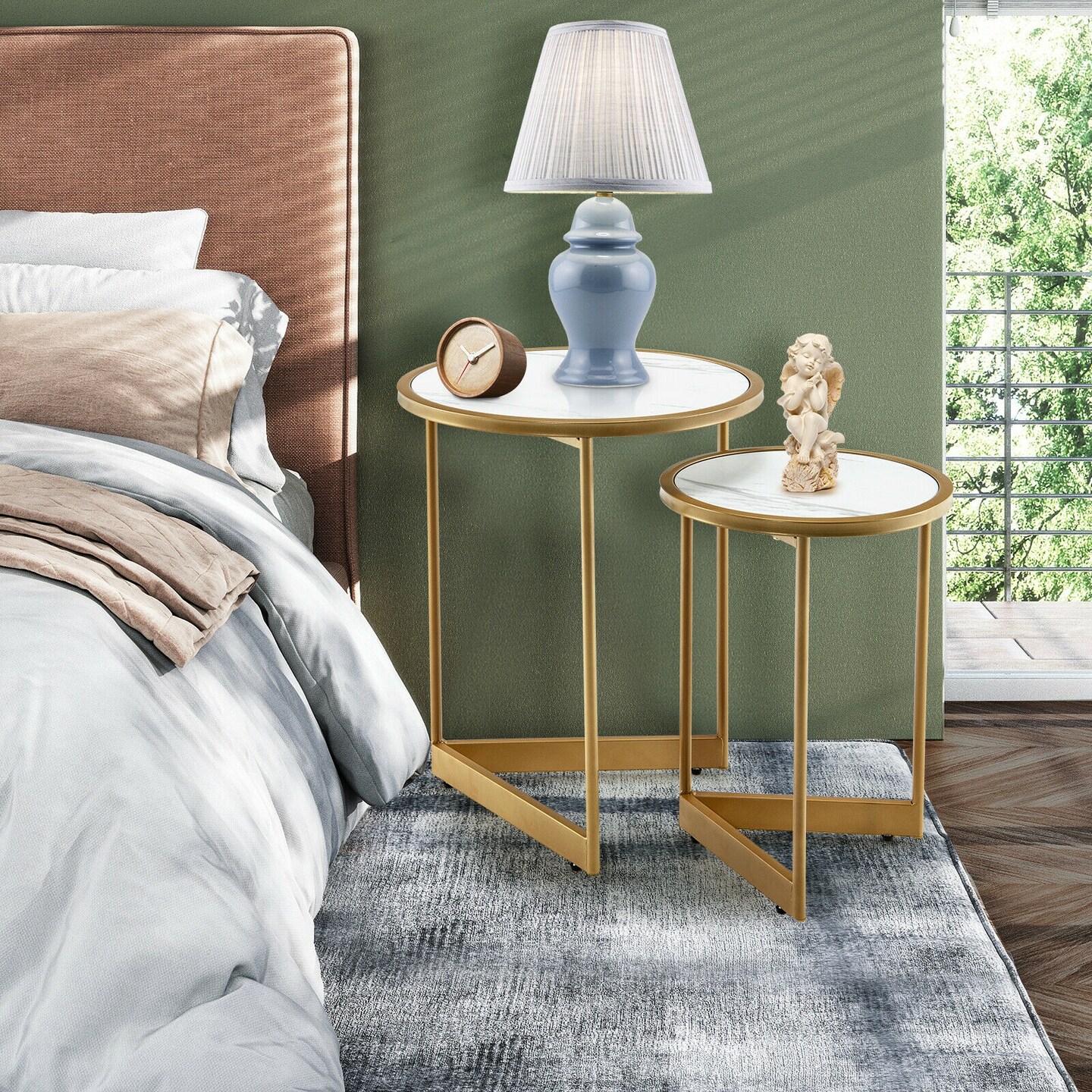 Round Nesting Table Set Of 2 With Marble-like Tabletop-White