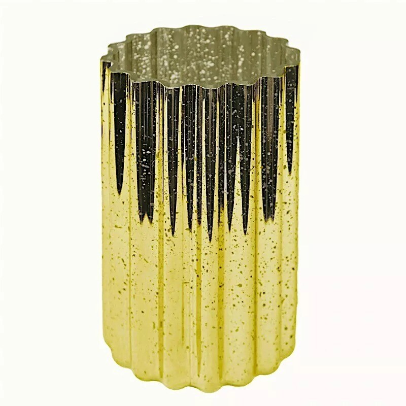 GOLD 9&#x22; Wavy Design Mercury GLASS Hurricane CANDLE HOLDER