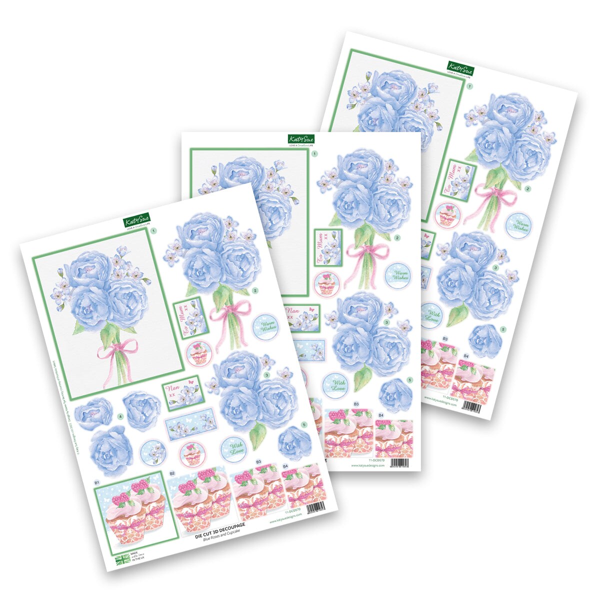 Katy Sue Die Cut Decoupage &#x2013; Blue Roses And Cupcake (Pack Of 3)