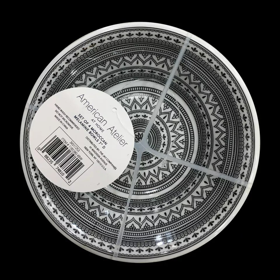 American Atelier Melamine Cereal Bowls Set Of 4 Moroccan Black/White Design