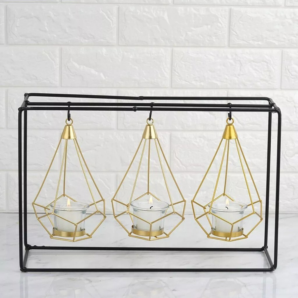 Gold Black 10&#x22; tall Iron Stand with 3 Geometric Metal Tealight Holders