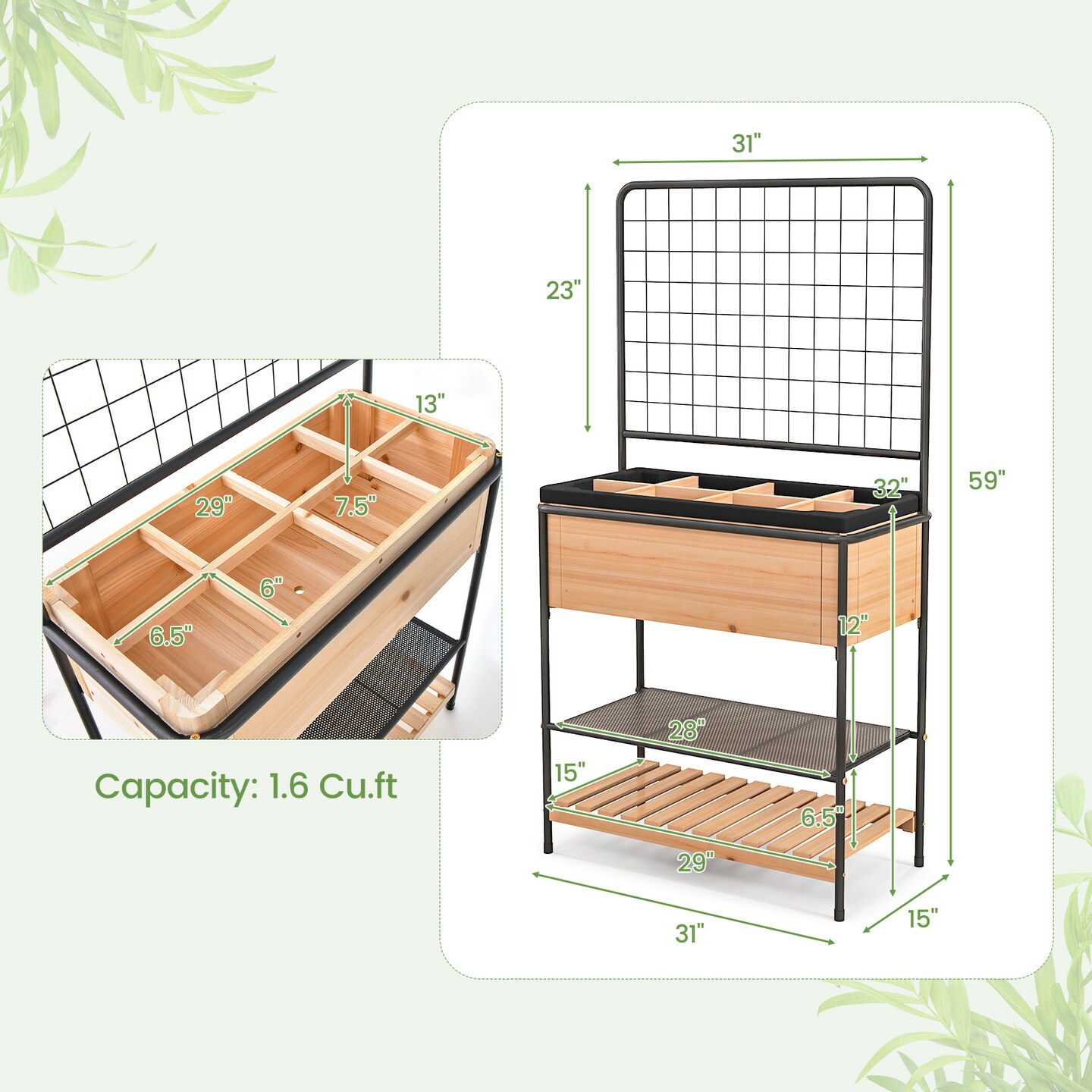 Raised Garden Bed With Trellis 2-tier Storage Shelves-Natural