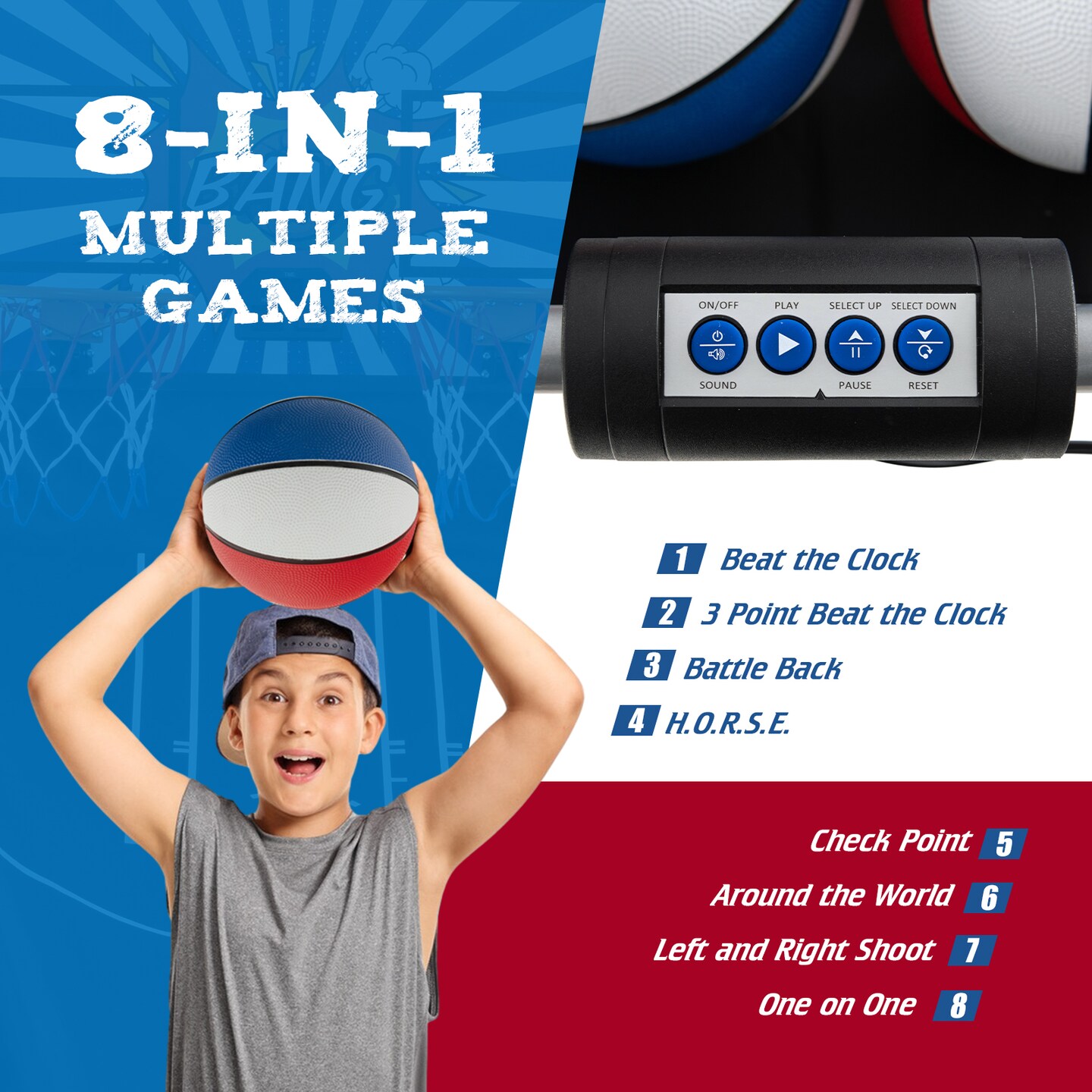 Dual Shot Basketball Arcade Game With 8 Game Modes And 4 Balls-Red