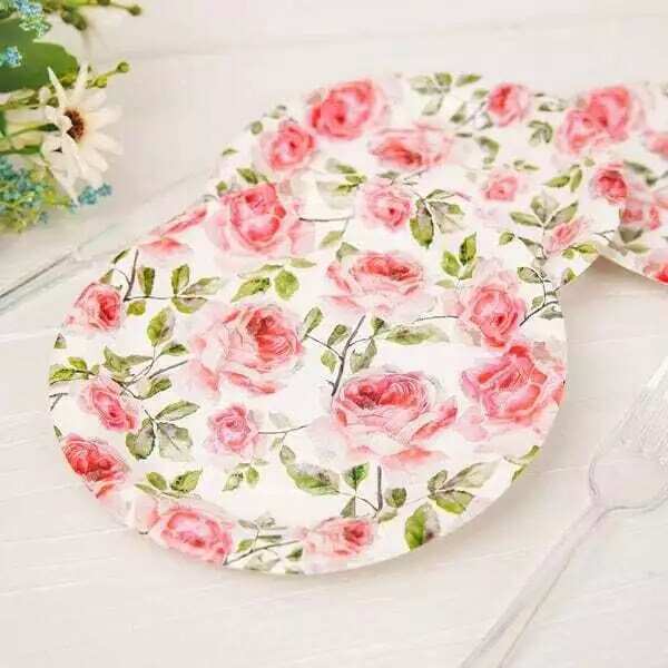 25 WHITE 7&#x22; Round Paper Plates with PINK Rose Flowers Design