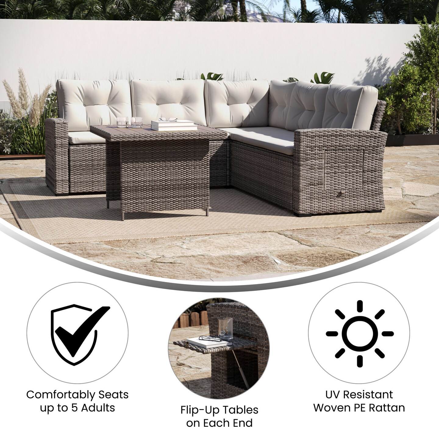 Merrick Lane Shelton Indoor/Outdoor L-Shaped Sofa/Dining Table Conversation Set with Wicker Rattan Construction and Weather-Resistant Cushions