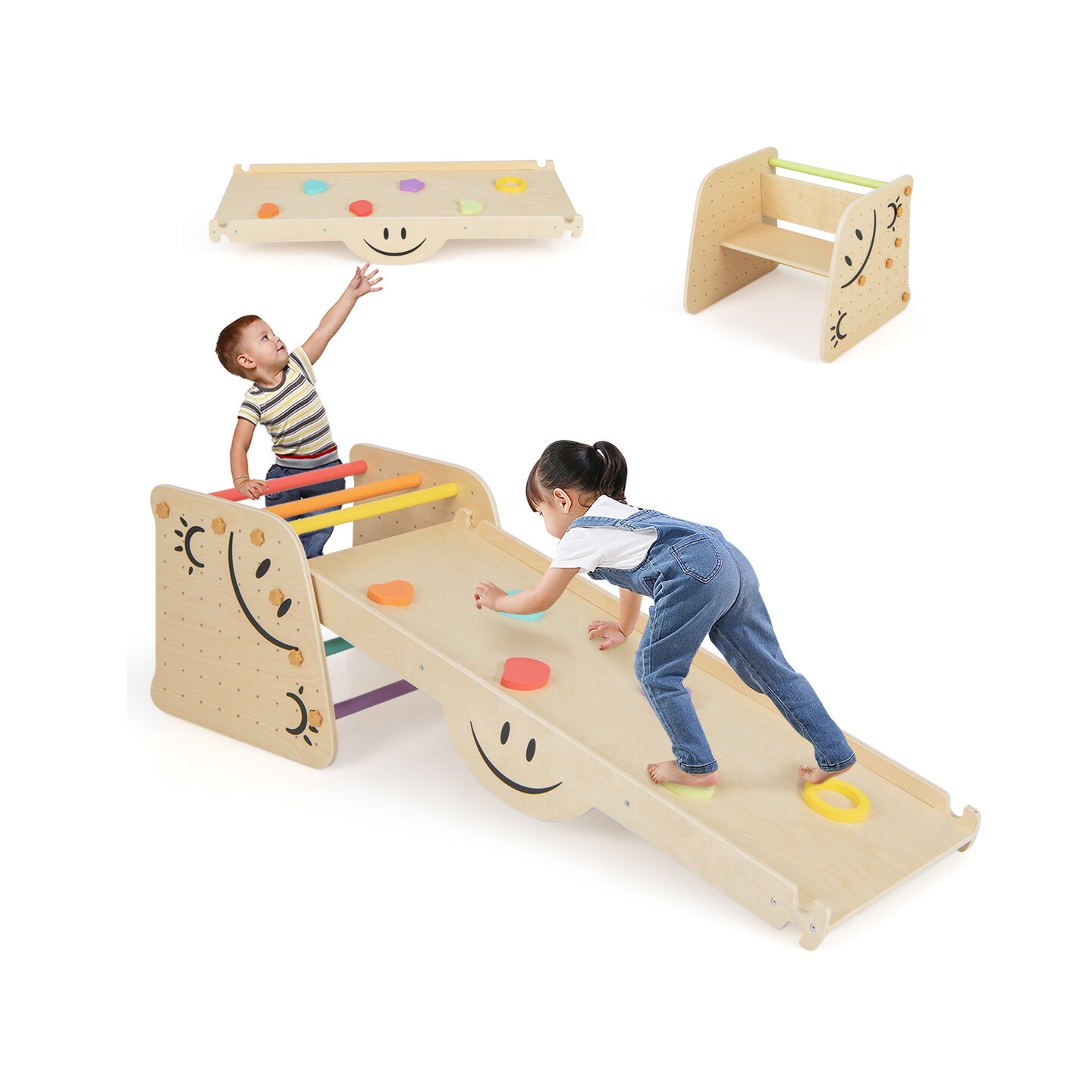 Wooden Climbing Toy Triangle Climber Set With Seesaw-multicolor