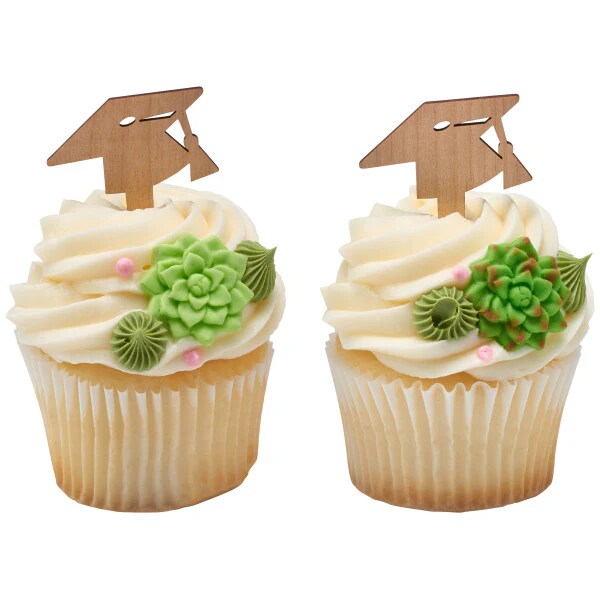 Graduation Wooden hat with tassels Cupcake Cake Pics - set of 12