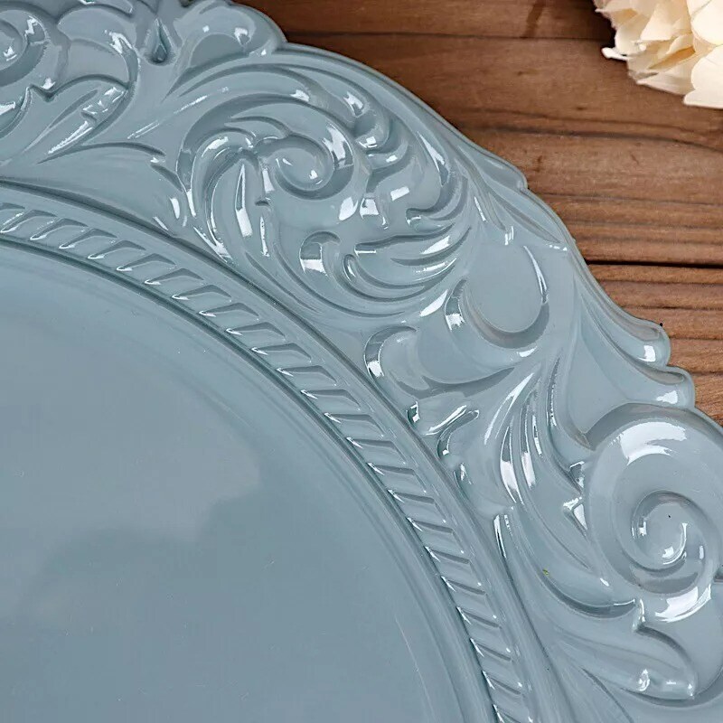 6 DUSTY BLUE 14&#x22; Round Baroque Metallic Charger Plates