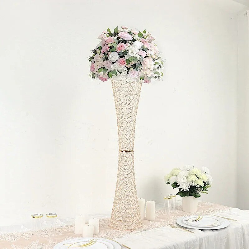 36" Gold Metal Crystal Beads Hurricane Flower Vase Centerpiece