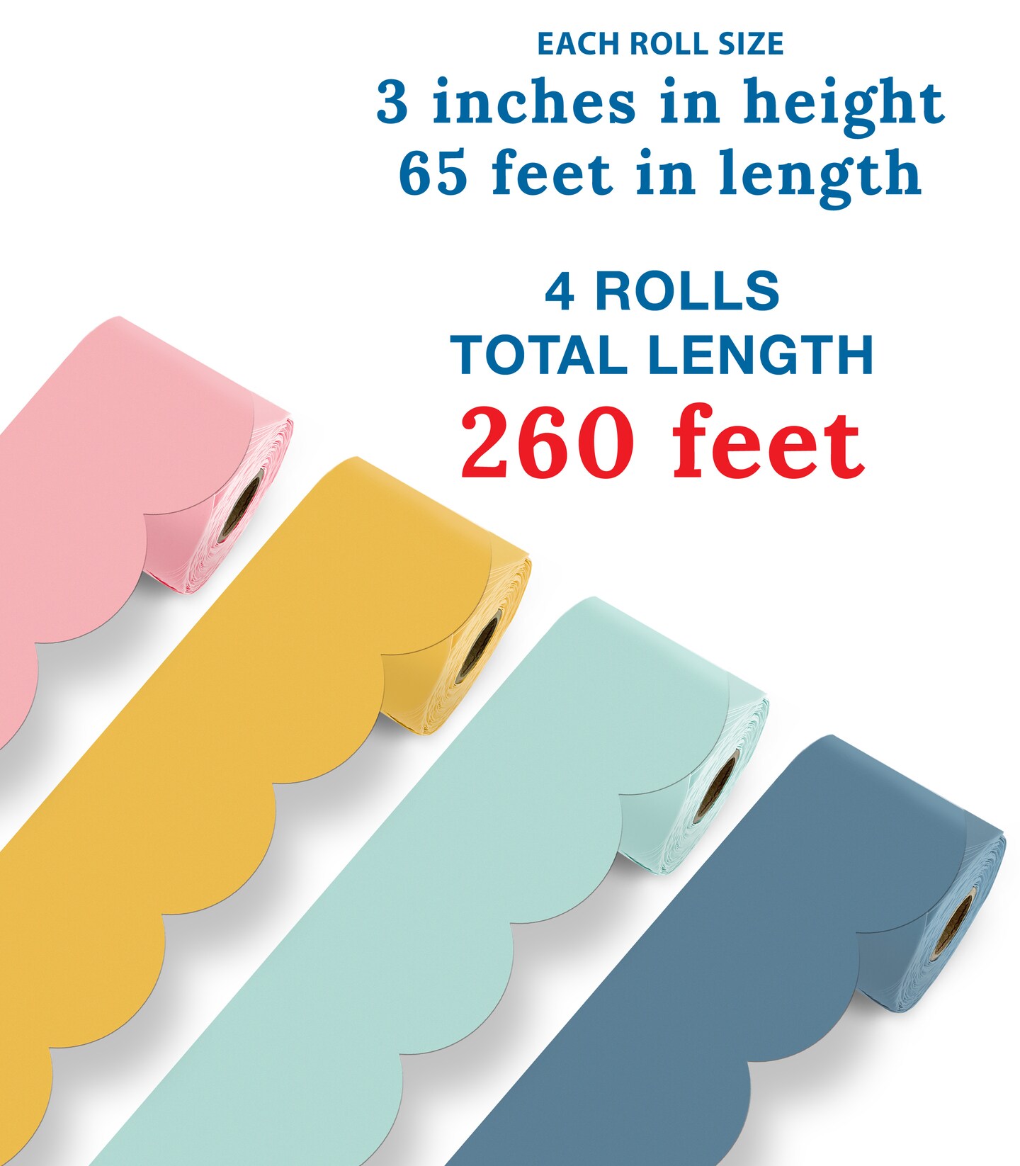 Carson Dellosa 260Ft Rolled Happy Day Bulletin Board Border Set, 4 Pack of Scalloped Border Trim, Yellow, Blue, Green, and Pink Bulletin Board Borders for White Board, Cork Board, and Classroom D&#xE9;cor