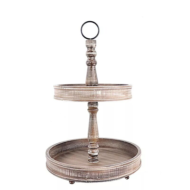 BROWN 20&#x22; Round 2 Tier Wooden CUPCAKE STAND Dessert Serving Tray