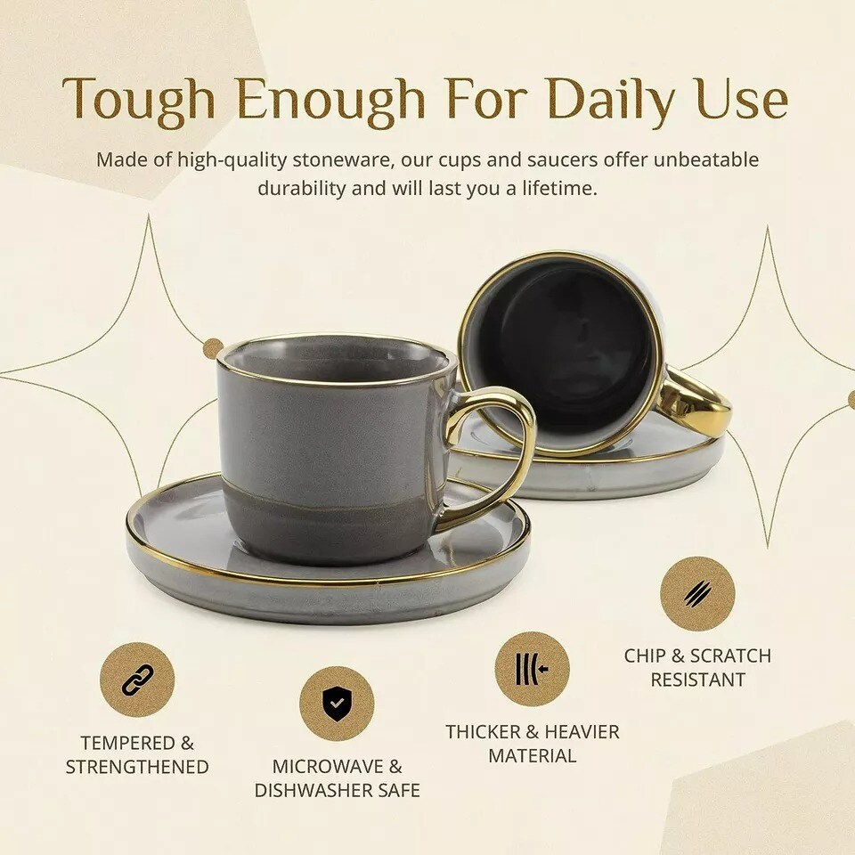 American Atelier Gold Rimmed Teacup and Saucer, Set of 4 | 7.6 Oz - Gray