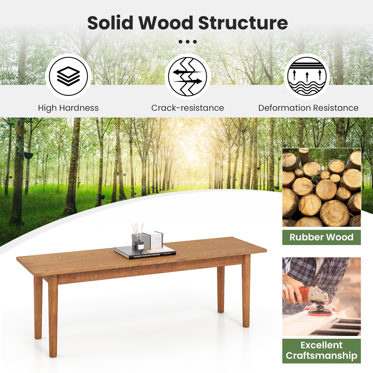 Solid Wood Dining Bench Entryway Bench With Rubber Wood Legs
