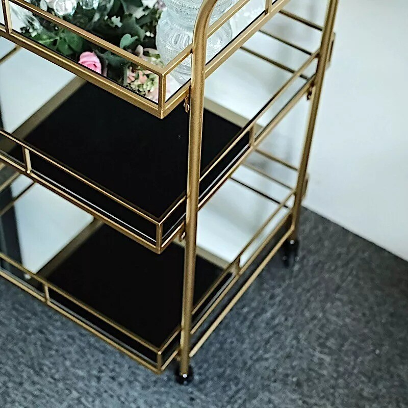 GOLD 3ft tall 3-Tier Rectangular Metal Bar Cart Mirror Glass Serving Trays