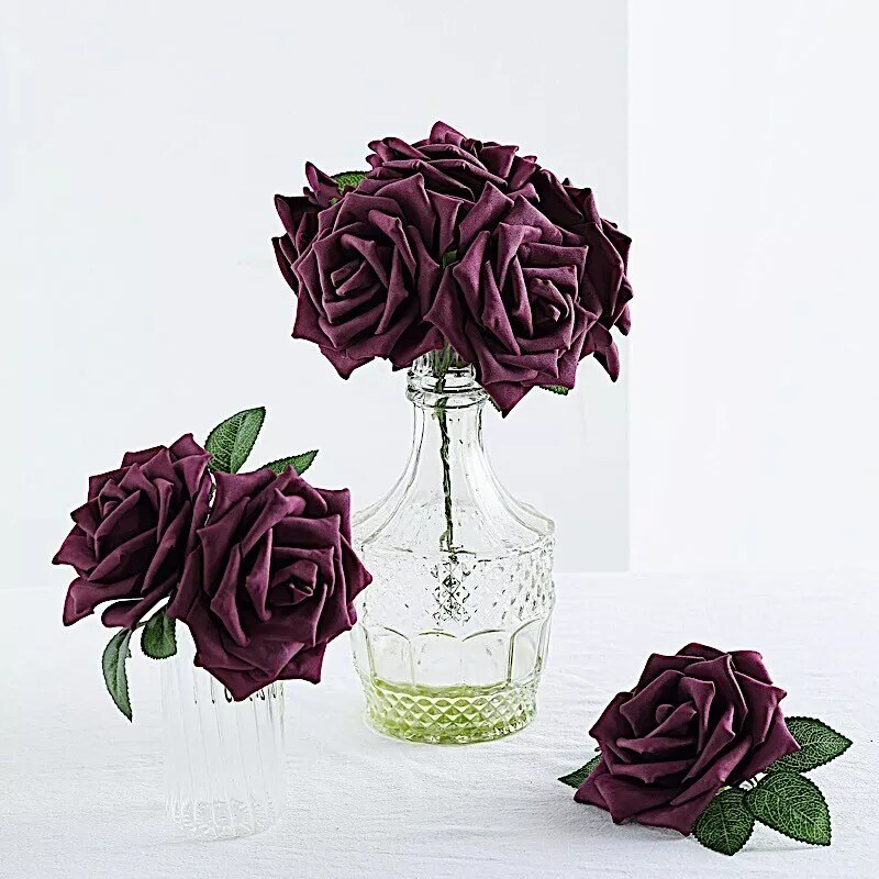 24 Eggplant 5&#x22; FOAM ROSE Flowers Stems Party Wedding Events