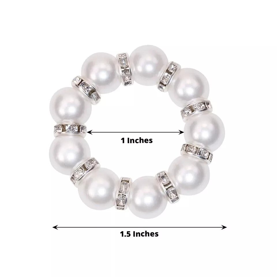 4 Silver White Faux Pearl Rhinestone Napkin Rings