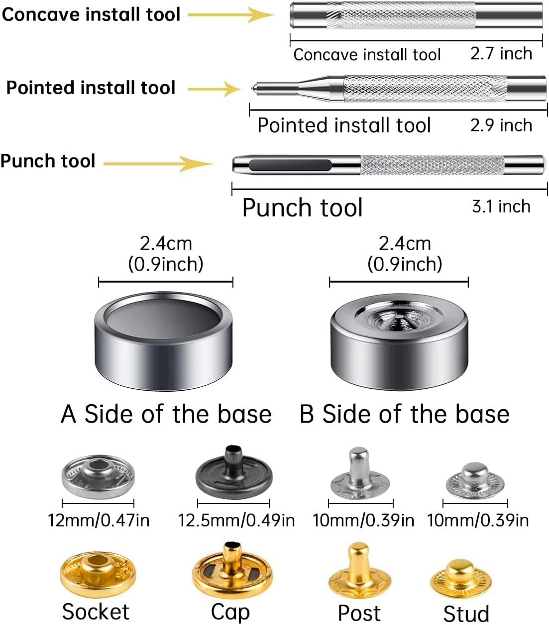 132 Sets Leather Snap Fasteners Kit, MSDADA 12.5 mm Metal Button Snaps Press Studs with 4PCS Fixing Tools, Sewing Snaps for Clothes Leather Craft Bracelets Jeans Wears Jackets Bags Belt