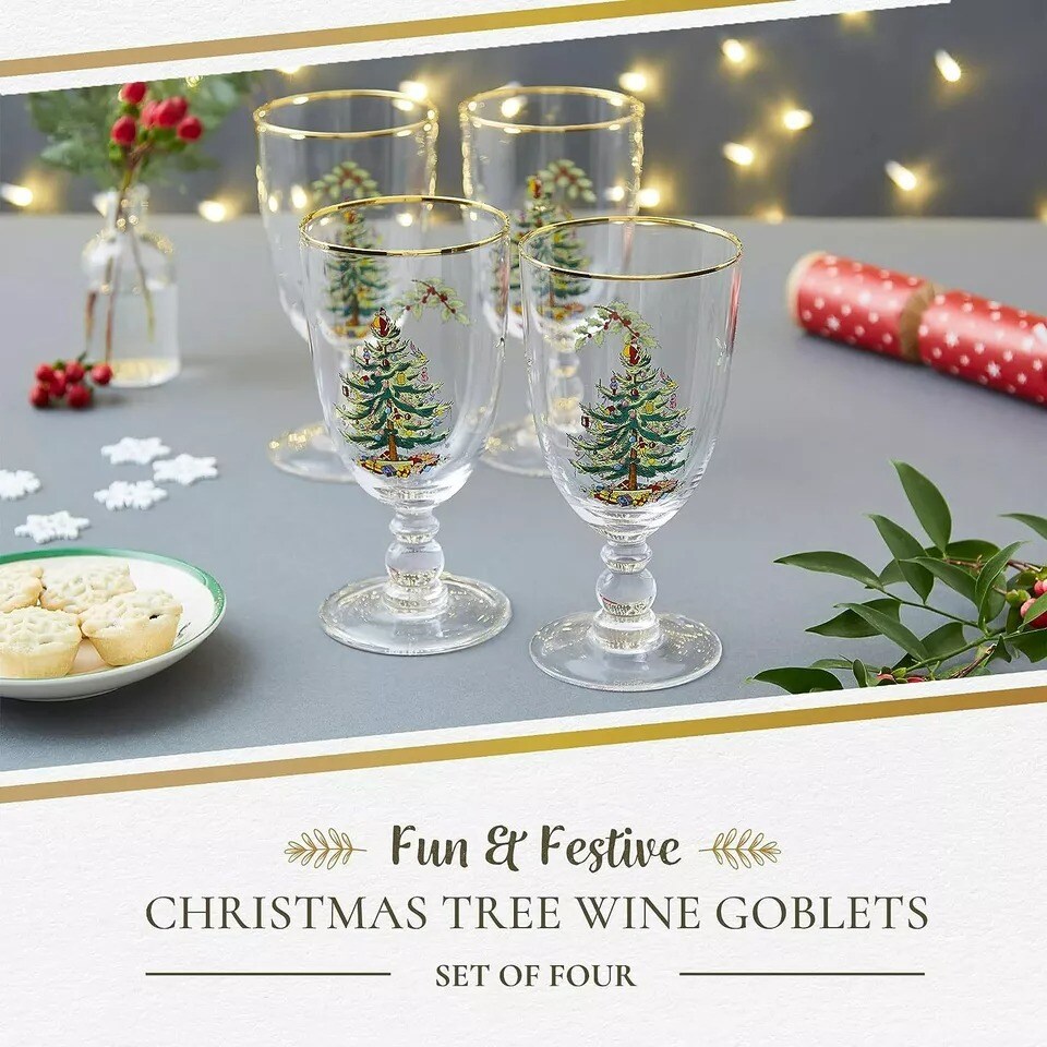 Spode Christmas Tree 16 Ounces Pedestal Goblets with Gold Rims, Set of 4