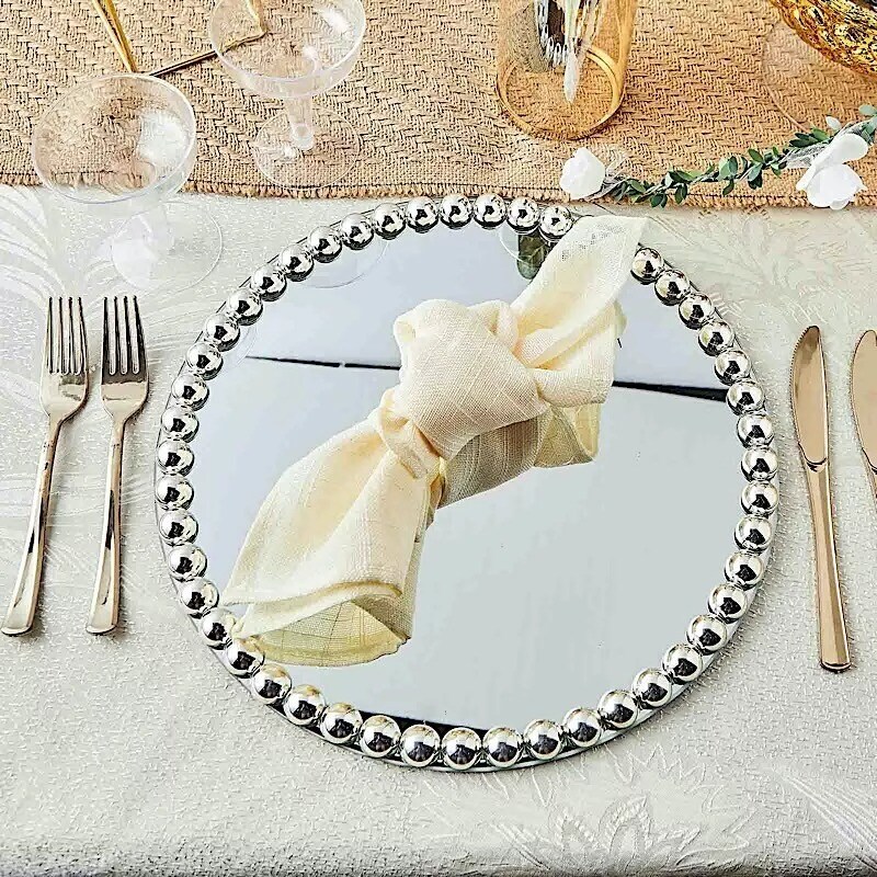 2 SILVER 13&#x22; Round Mirror Glass Charger Plates with Pearl Rim