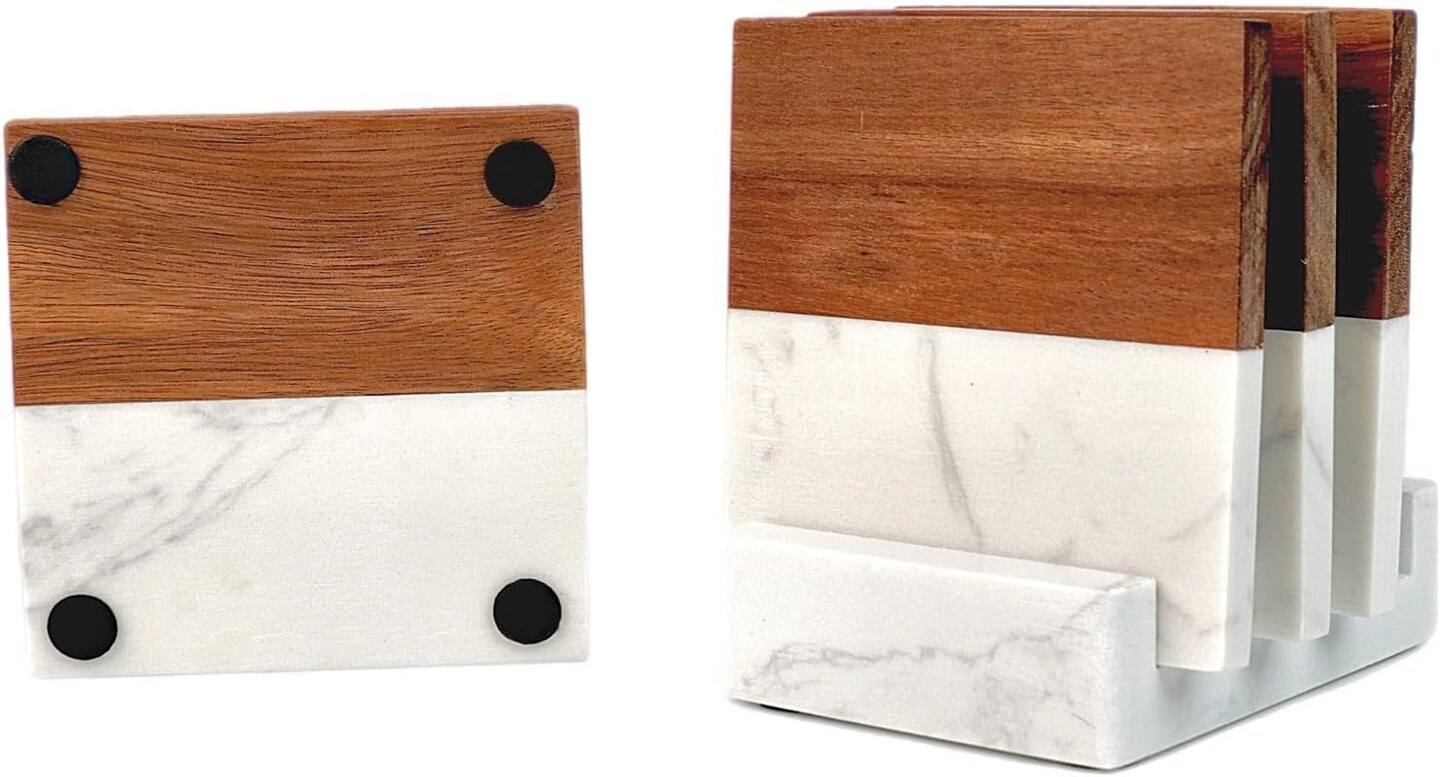 Makerflo Wood Marble Coaster of Heavy Acacia Wood | Craft-Ready for DIY Gifts &#x26; Personalization (Laser Engraving, Epoxy, Vinyl, and UV DTF) - Not Suitable for Sublimation