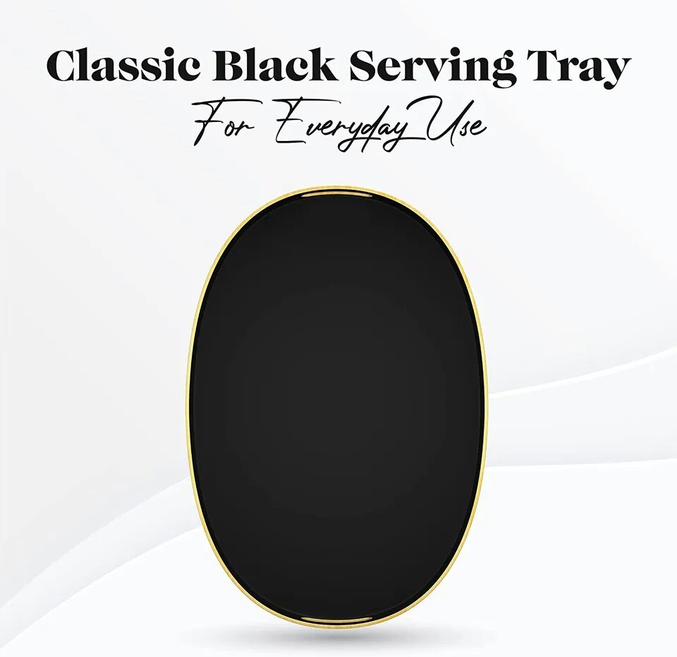 Serving Oval Tray with Gold Trimming &#x26; Handles, Black