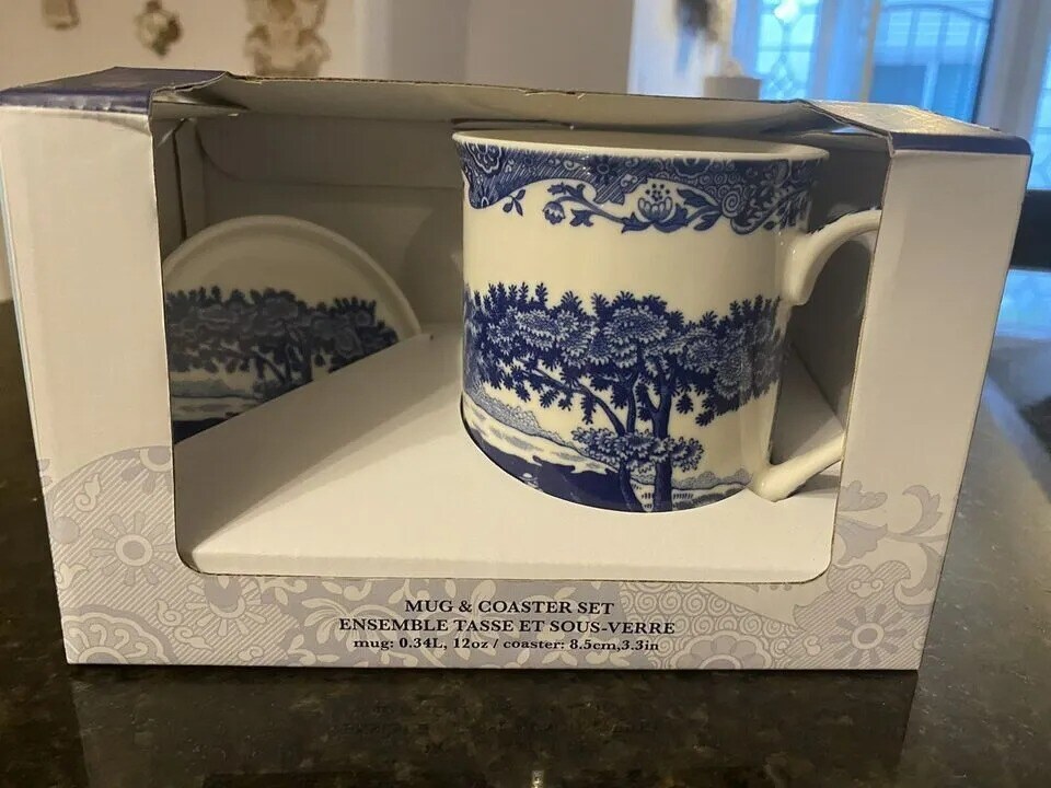 Spode Blue Italian Mug &#x26; Coaster Set 12 Oz, Large Handle, Made of Fine Porcelain