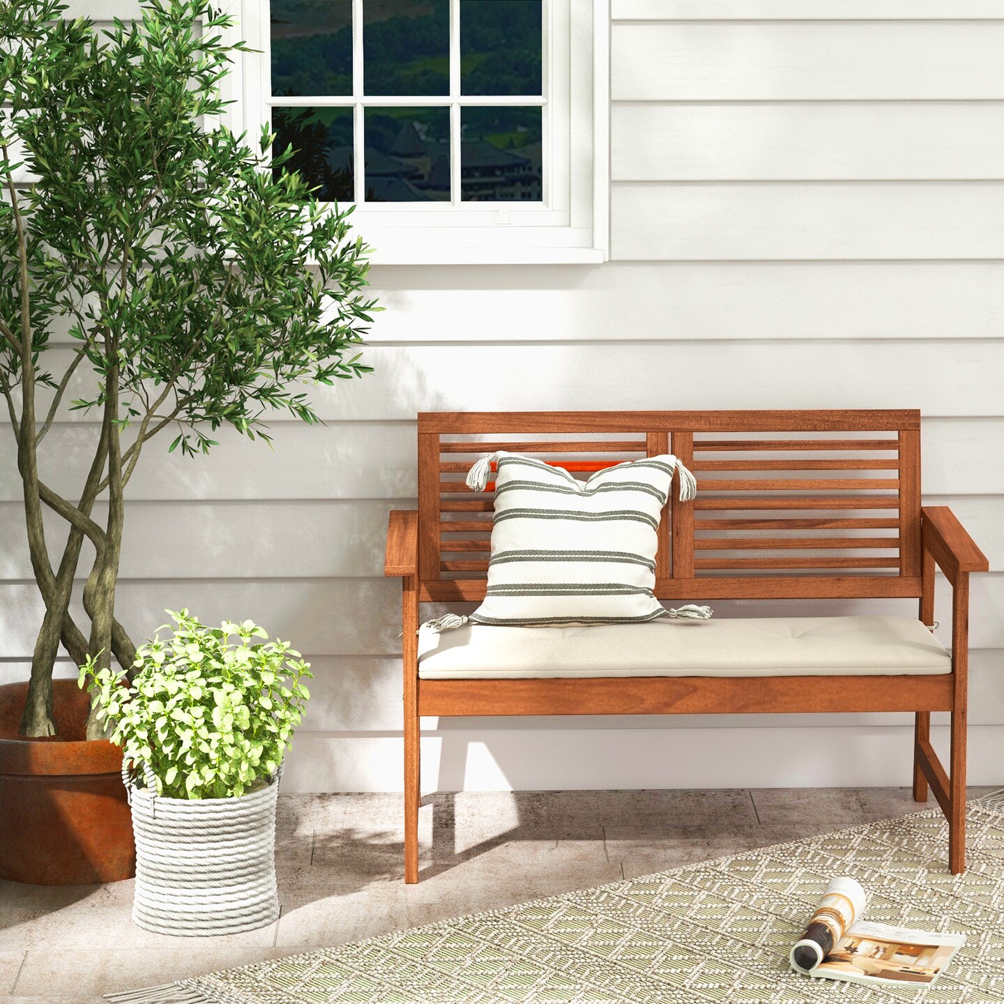 Solid Wood Patio Loveseat with Off White Cushions Outdoor 2-Seat Bench for Porch or Garden