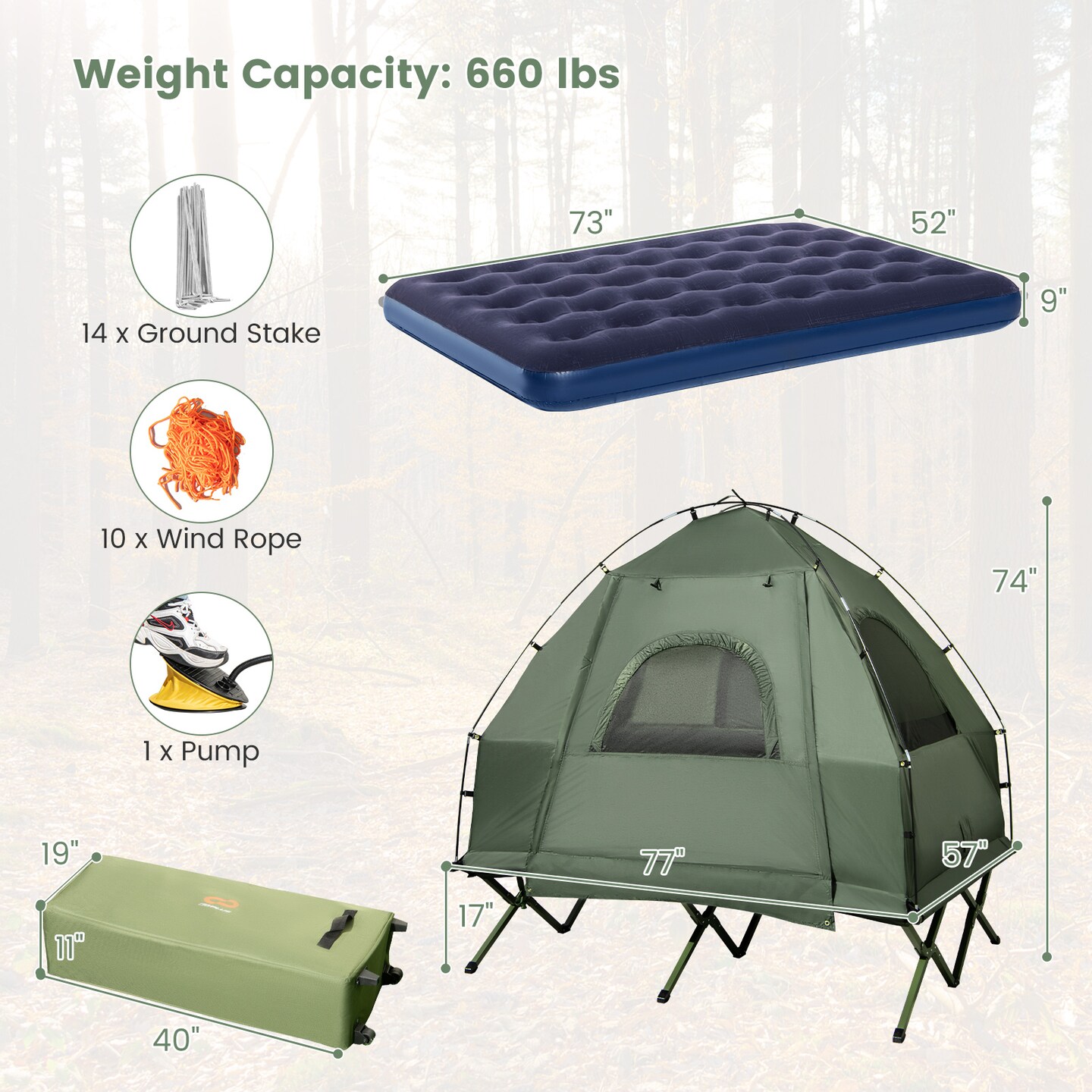 5-in-1 Outdoor Camping Tent Cot Inflatable Mattress Pillow Sunshade Green Blue