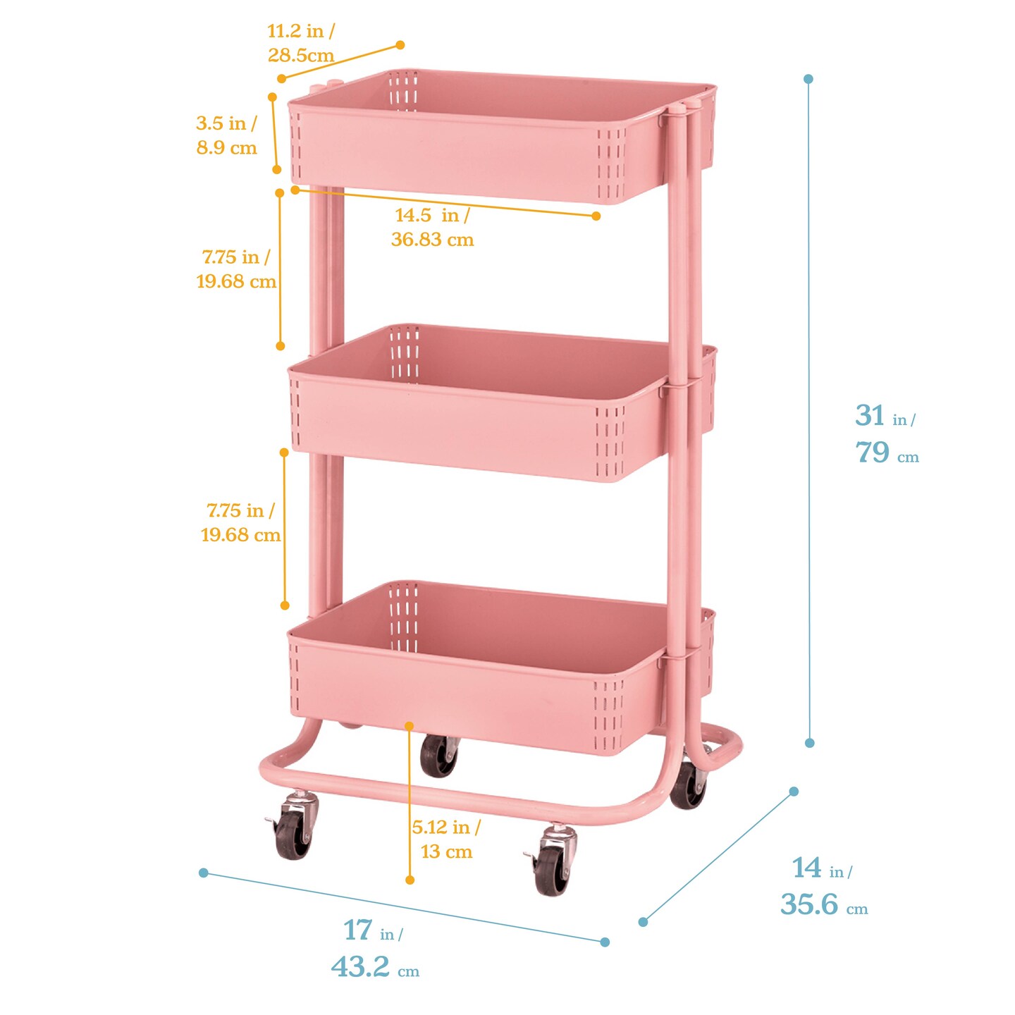 3-Tier Metal Rolling Utility Cart, Mobile Storage Organizer