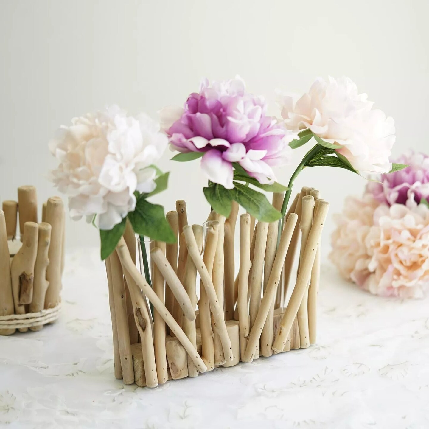 NATURAL 7&#x22; tall Wood Rustic Stand Glass Tubes Flower Vase Holder