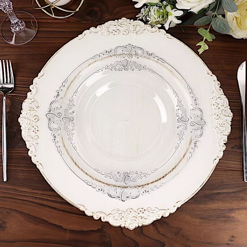 10 CLEAR SILVER 10&#x22; Round Plastic Salad Dinner PLATES Embossed Baroque Rim