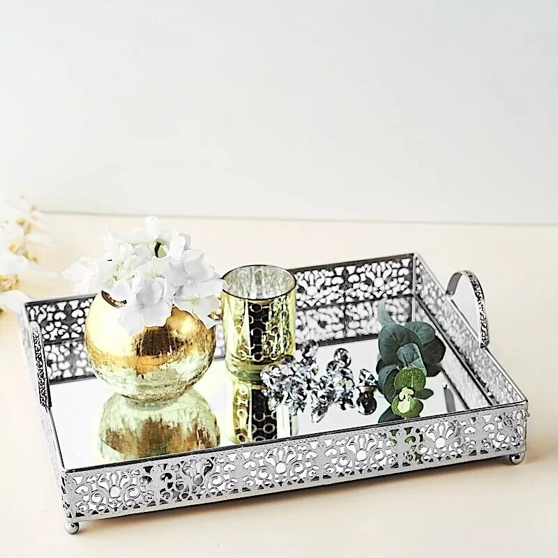 16&#x22; tall SILVER Metal Rectangular Rim Mirror Serving Tray Party