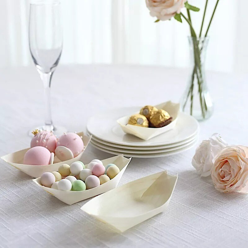 NATURAL 50 Biodegradable 6" Wooden Boat Shaped Food SERVING TRAYS